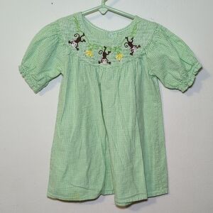 Toffee Apple Smocked Gingham Dress Green Monkey Banana 100% Cotton Girls Size 2T